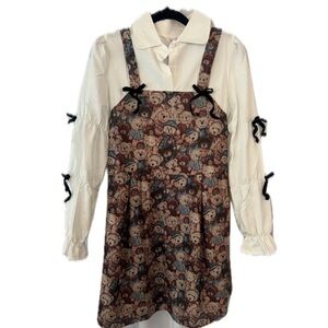 Vintage Style Estate Bear Print Pinafore Dress/White Blouse XL